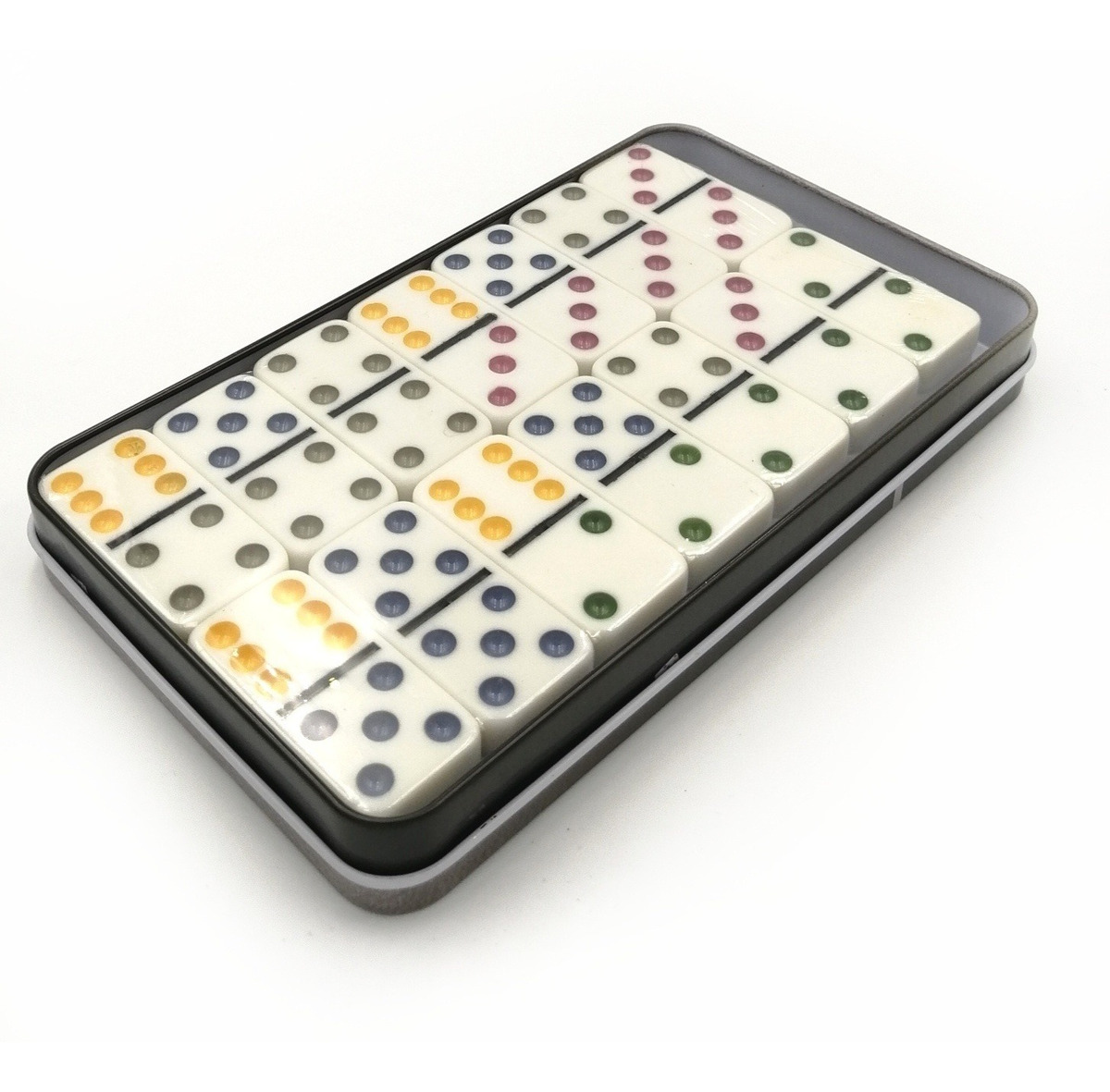 Juego Domino Doble 6 En Caja Metálica 28 Fichas Color 