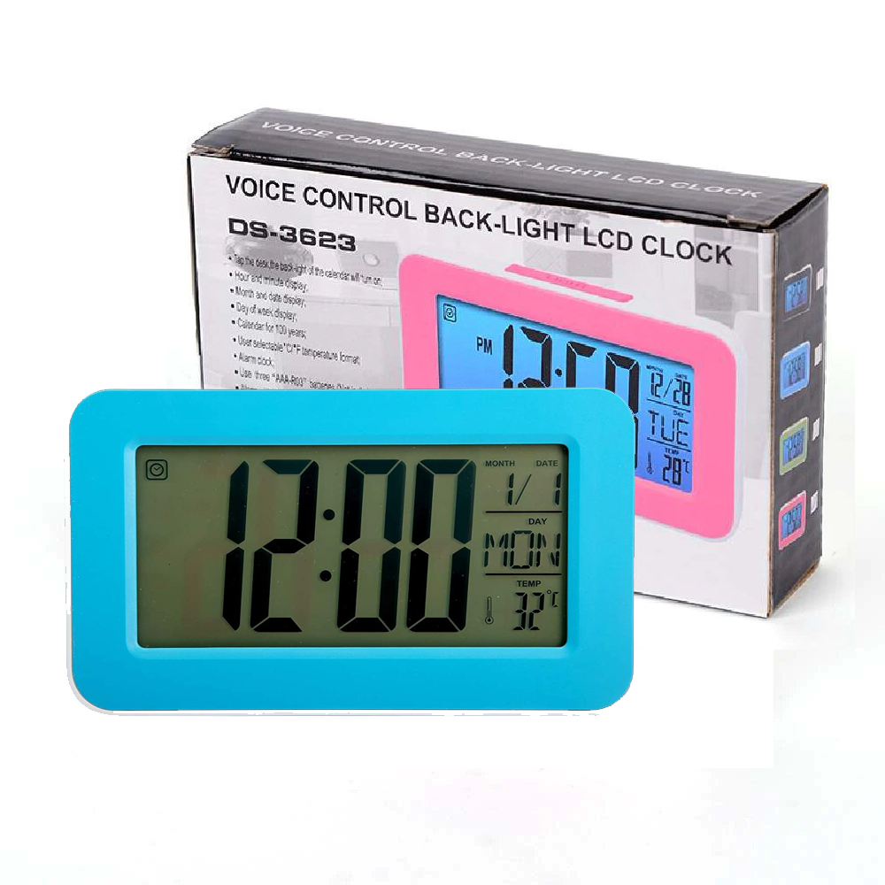 Reloj eléctrico, portátil LCD digital con sensor de sonido de mesa, reloj  despertador con calendario y visualización de tiempo para interiores